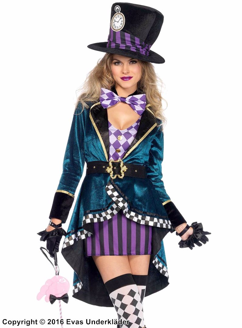 Female Mad Hatter, costume dress, belt, velvet, checkered pattern